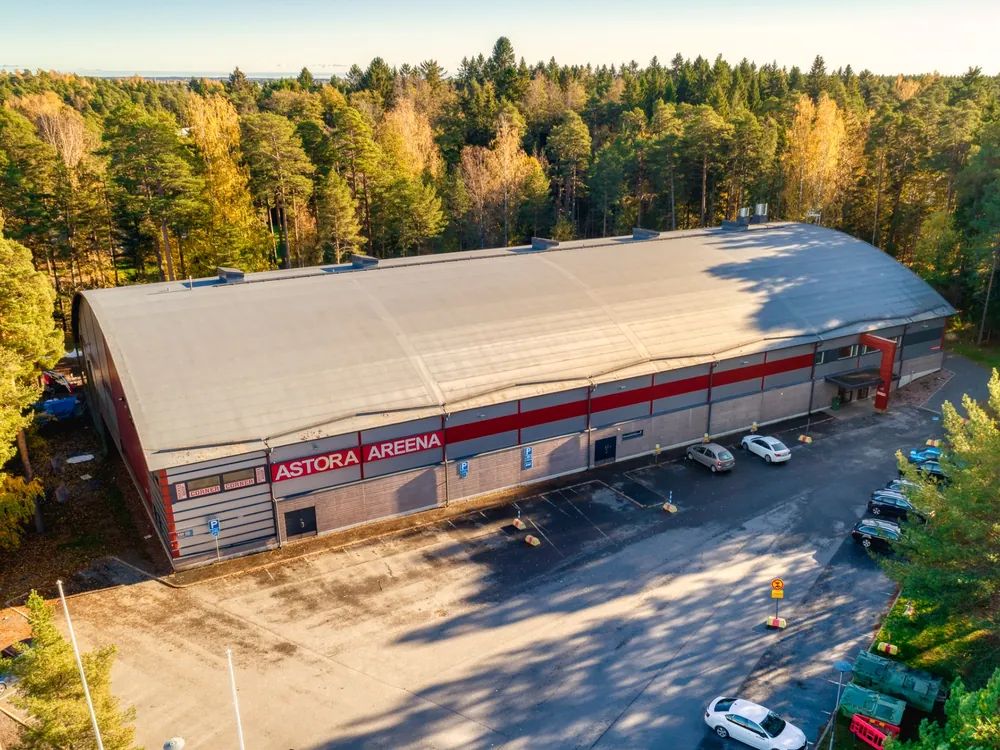 Astora Areenan jäähalli Porissa ilmasta kuvattuna
